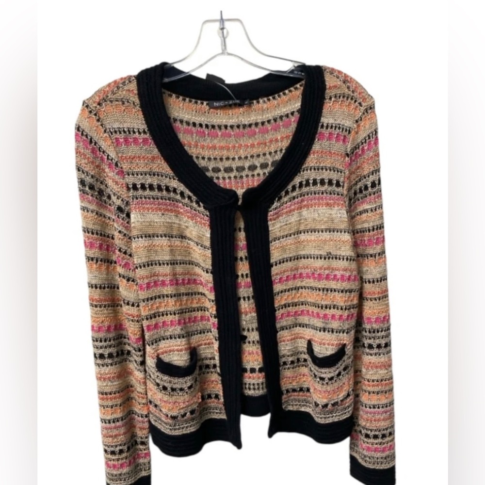 NIC + ZOE Knit Sweater Multi Colors Tie Waist Black Trim Lightweight Coquette PL